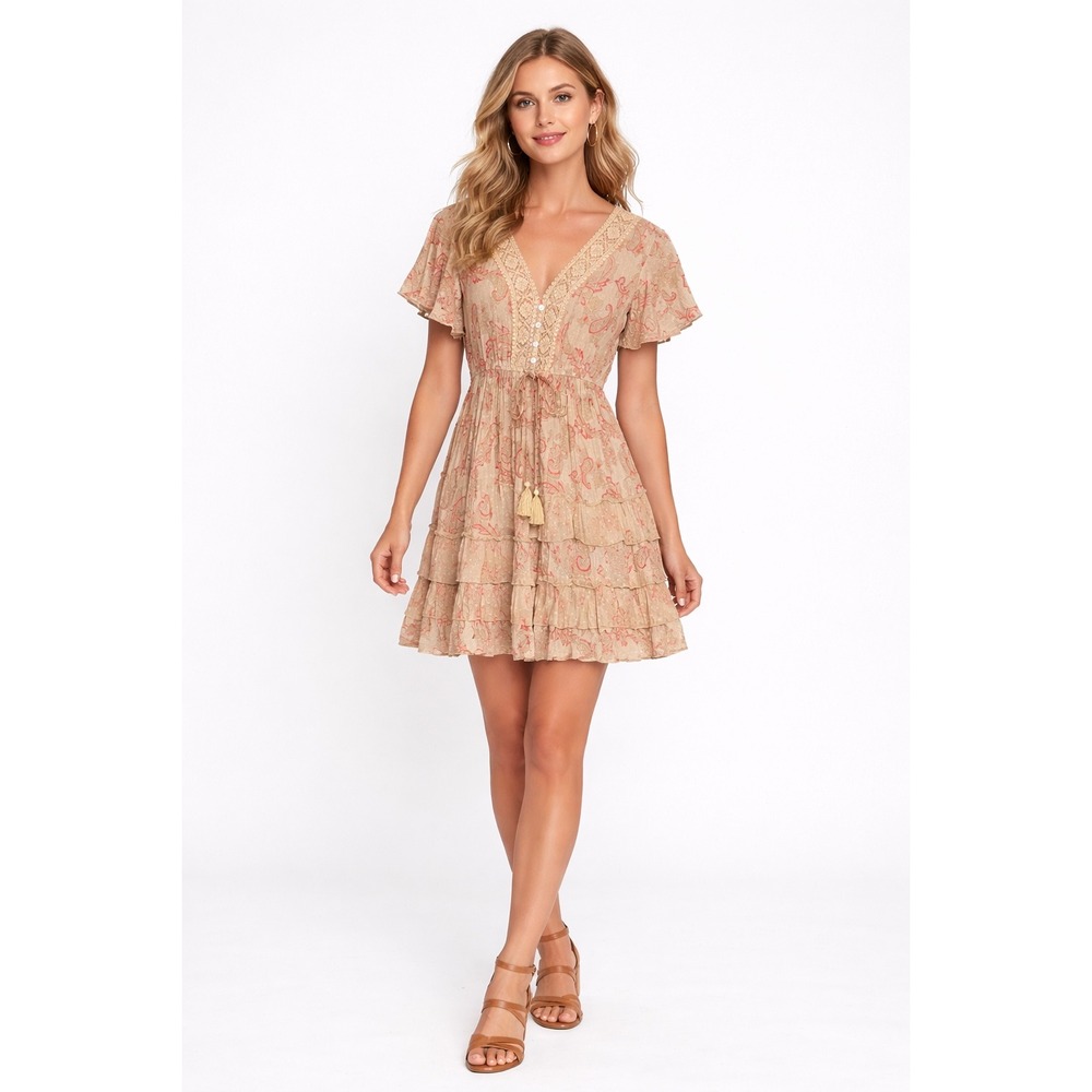 Ananta Paisley‎ Boho Mini Dress Size L Tan Pink Crochet Lace Tiered Ruffle Tie